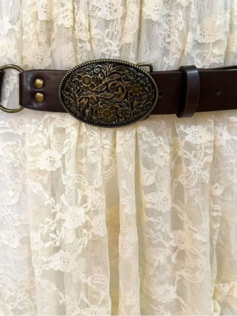 Western Medallion Studded Antique Gold Floral Buckle Waist Belt NWT